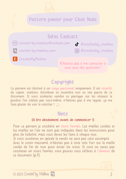 Pattern panier pour chat Nala